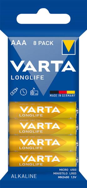Varta Longlife Alkaline-Batterie AAA - 8er-Set 1.5V - Ideal für Fernbedienungen, Wecker & Wanduhren - Made in Germany - Bis zu 10 Jahre lagerfähig