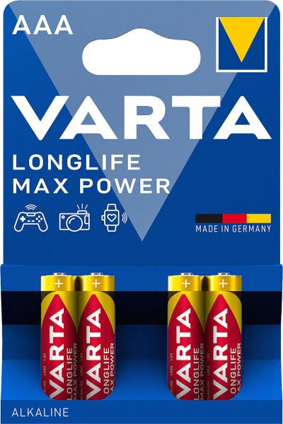 Varta Longlife Max Power Batterien AAA/Micro/LR03 1.5V 4er-Set - Zuverlässige Energie für Digitalkameras, Konsolen & Blutdruckmessgeräte - 10 Jahre lagerfähig