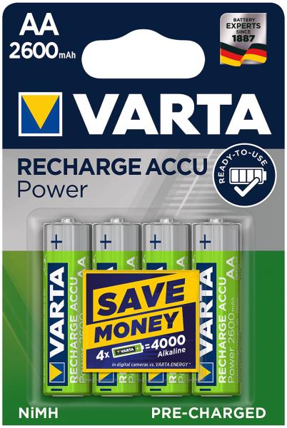 Varta Accu Power NiMH-Akku AA/Mignon/HR06 - 4er-Set vorgeladen für Kameras & Spielzeug - 1.2V - 2600 mAh - Kompatibel mit allen Ladegeräten