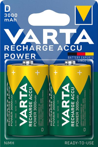 Varta Recharge Accu Power NiMH-Akku Mono/D/HR20 - 2er-Set sofort einsatzbereit & vorgeladen - 1.2V 3.000 mAh - geringe Selbstentladung