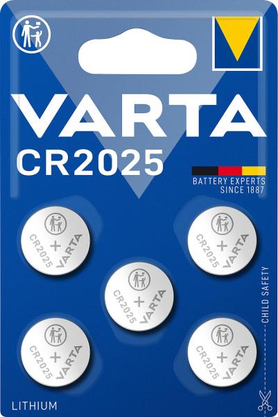 Varta Lithium Knopfzelle CR2025 5er-Pack - Zuverlässige 3V/160 mAh Energie für Uhren, Autoschlüssel, Messgeräte - Lange Laufzeit - Ø 20x3mm