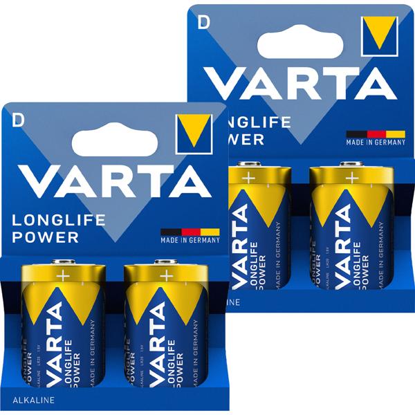 Varta Longlife Power Alkaline-Batterie D LR20 1,5V 4er-Set - Ideal für stromhungrige Geräte wie Radios Taschenlampen Spielzeug - Made in Germany