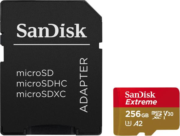 SanDisk Extreme microSDXC (SDSQXAV-256G-GN6MA) 256 GB - Ideal für 4K-UHD-Videos & Apps - 190 MB/s Lesen - U3 V30 A2-Standard - Robust