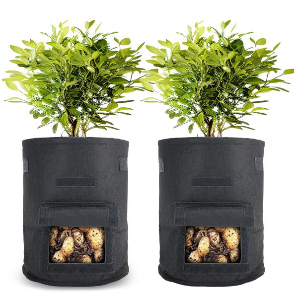 XL-Pflanzen-Wachstumssäcke, 2er-Set, mit Tragegriffen und Sichtfenster, je 38 l, wasserdurchlässig, Vliestopf für Kartoffeln, Zwiebeln, Karotten u.v.m