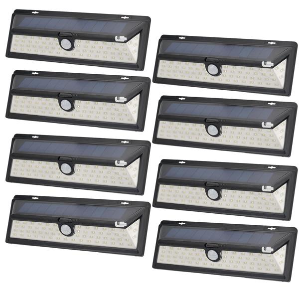 8er-Spar Set Moderne Wandleuchte, Solarpanel, PIR Bewegungs-Sensor, 66 helle LEDs, 800 Lumen, 13,2 Watt, IP44, inkl. Montagematerial