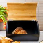 Moderner Brotkasten, lackierter Stahl matt-schwarz mit Deckel aus Bambus, 32 ...