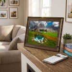 Digitaler Bilderrahmen in edler Holzoptik, App-Steuerung & weltweitem Bild-Up...