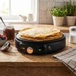 Moderner Crêpes-Maker Ø 30 cm, antihaftbeschichtet, schwarz-roségold, mit Tei...