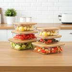 6er-Set Hochwertige Vorratsdosen mit Deckel, rechteckig, Glas/Bambus, 3 Gröss...