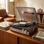 Retro Plattenspieler in Holz-Optik mit FM-Radio & eingebauten Lautsprechern -...