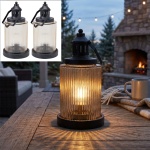 2er-Set Stilvolle LED Laterne Glas Amber 14,5x27,5 cm, Schwarz, Metall – Edle...