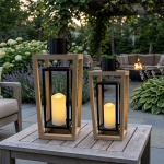 2er-Set Laterne aus Holz & Metall mit LED Kerze und Timer, 38 cm & 48,5 cm, o...