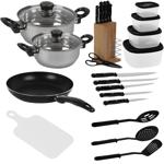 Umfangreiche Koch-Erstausstattung: Bratpfanne, Töpfe, Schneidebrett, Kochlöff...