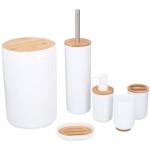 Badezimmer-Set 6-teilig – Weiss mit Bambusholz – WC-Garnitur, Seifenspender, ...