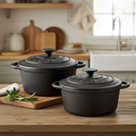 2er-Set Gusseisen Töpfe mit Deckel rund - 2.4L & 4L für Herd, Ofen, Grill - H...