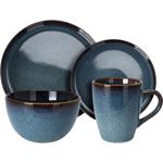 Edles 16-teiliges Steingut Geschirr-Set: Blau-braune Speise-, Dessertteller, ...