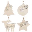 4er-Set Holz-Anhänger Weihnachten - Rentier, Weihnachtskugel, Christbaum & St...