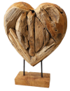 Teakholz Herz-Skulptur auf Sockel - Recyceltes Massivholz Dekoherz - Handgefe...