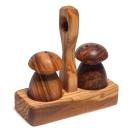 Olivenholz Salz- & Pfefferstreuer Set Pilzform - mit Griff-Halterung - 13x10c...