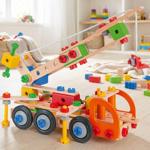 Bauspielzeug 170tlg. 4 Fahrzeug-Modelle: Kranwagen, Jeep, LKW-Kipper, Abschle...