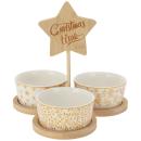 Servierset 4-teilig Keramik und Bambus - Gemusterte Schalen weiss gelb mit St...